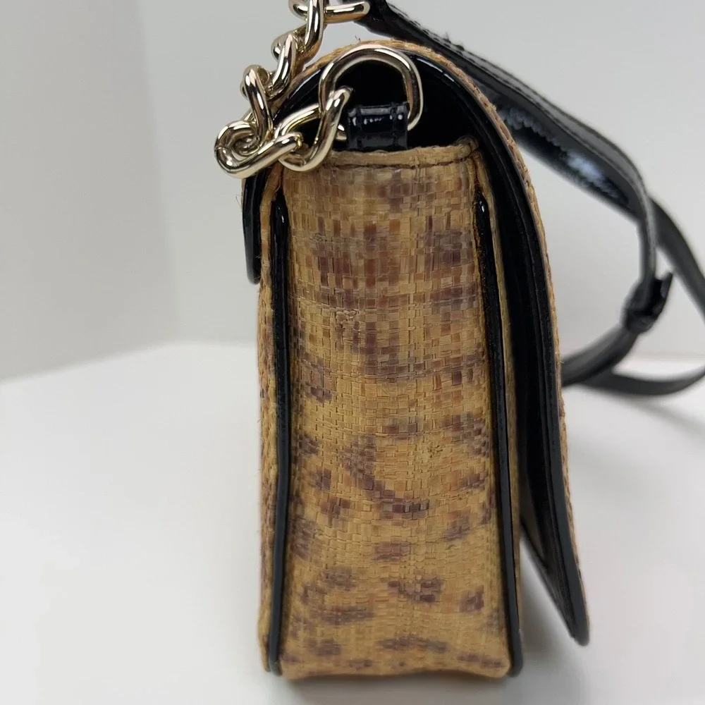 Kate Spade Woven Straw Crossbody Bag Gold Turn Lock Leopard Print Satchel Medium